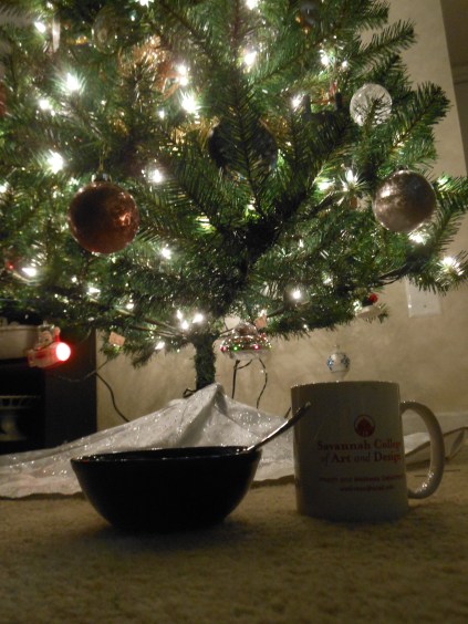 To fully appreciate the time having the tree up, while all was quiet and dark, I'd have my oatmeal and coffee in the morning sitting on the floor, and take in the beauty of the lights and ornaments.